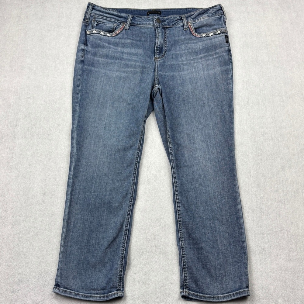 Silver Jeans Womens 14W Elyse Capri Medium Wash Star Embellished Denim Jeans 14W